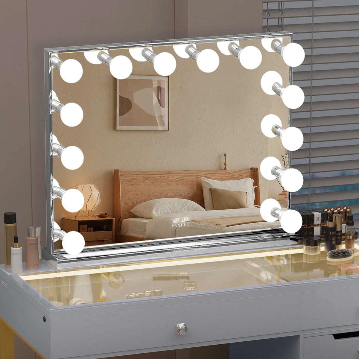 VanitiGlow Sterling | Silver Vanity Mirror, 14 Dimmable Bulbs & Bluetooth