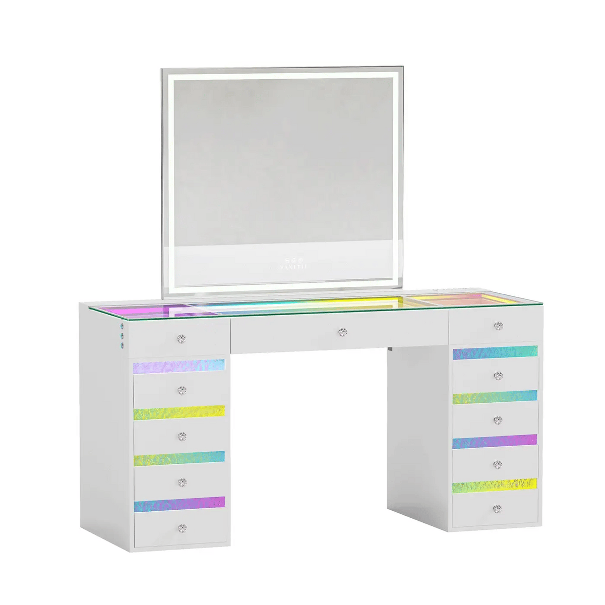 VanitiSet Lyra | Makeup Vanity with Outlet, RGB Light, Rippled Drawers & 3-Tone LED Mirror