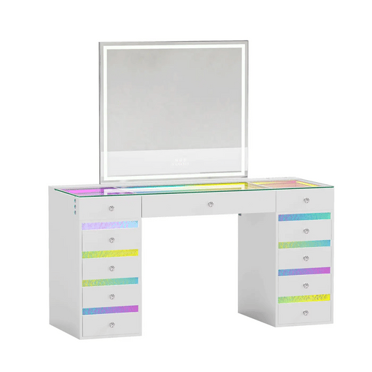 VanitiSet Lyra | Makeup Vanity with Outlet, RGB Light, Rippled Drawers & 3-Tone LED Mirror