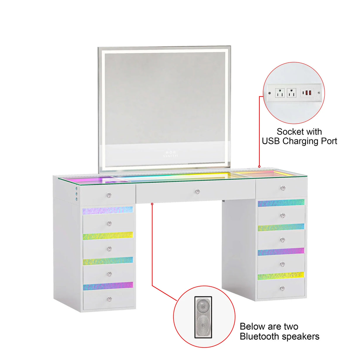 VanitiSet Lyra | Makeup Vanity with Outlet, RGB Light, Rippled Drawers & 3-Tone LED Mirror