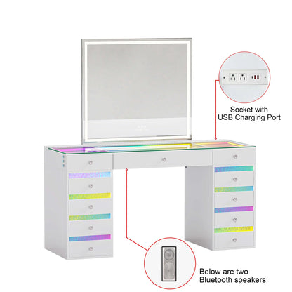 VanitiSet Lyra | Makeup Vanity with Outlet, RGB Light, Rippled Drawers & 3-Tone LED Mirror