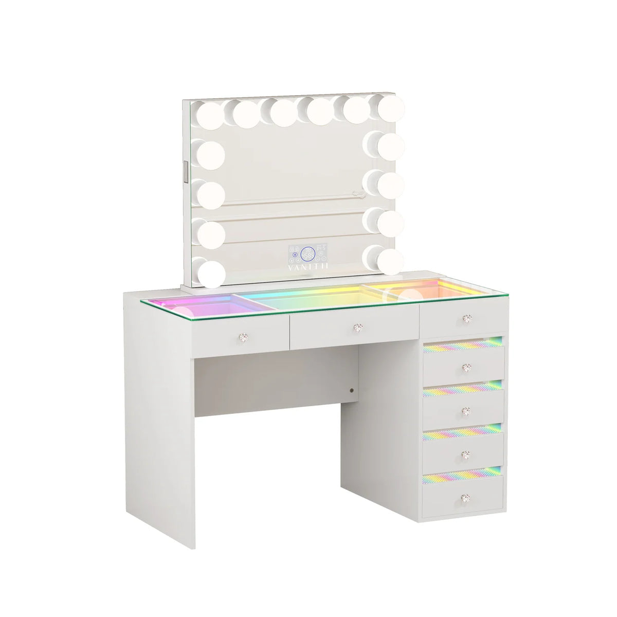 VanitiSet Solara 7 | 7 Drawer Desk & 14 Bulb Bluetooth Mirror Set