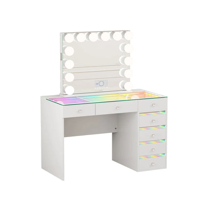 VanitiSet Solara 7 | 7 Drawer Desk & 14 Bulb Bluetooth Mirror Set