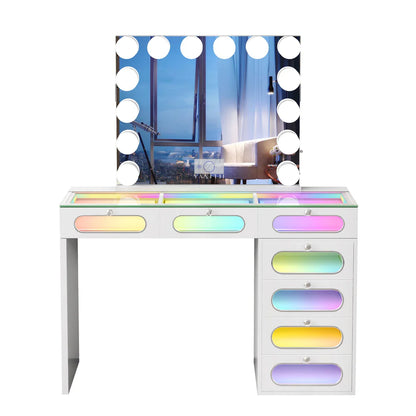 VanitiSet Halo Circle | LED Vanity Desk and Hollywood Bluetooth Mirror Set