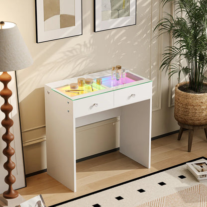 VanitiBar Mira | 2 Drawer Glass Top Desk with RGB Lights