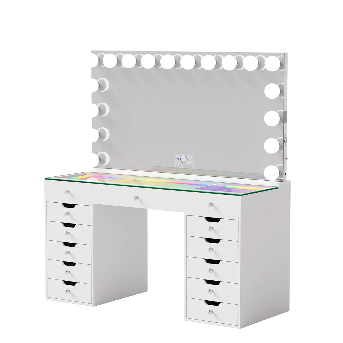 VanitiSet Lumina | Hollywood Vanity Desk with LED Mirror 59", RGB Glass Top, 13 Drawer