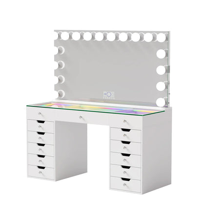 VanitiSet Lumina | Hollywood Vanity Desk with LED Mirror 59", RGB Glass Top, 13 Drawer