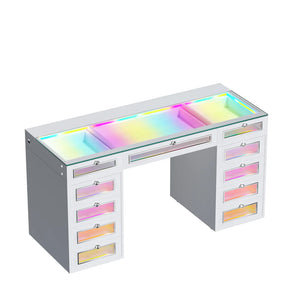 VanitiBar Vivid | RGB LED Vanity Desk with 11 Drawers, Glass Top & USB Charging