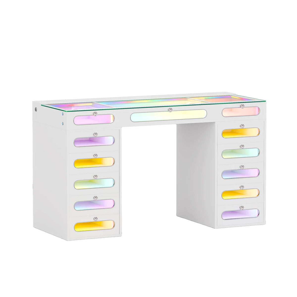 VanitiBar Astra | 13 Drawer Desk with Lighted Glass-Front Drawers & RGB