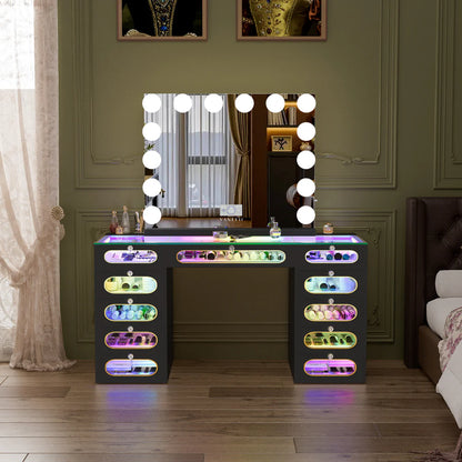 VanitiSet Aura Circle | LED Vanity Desk and Hollywood Bluetooth Mirror Set