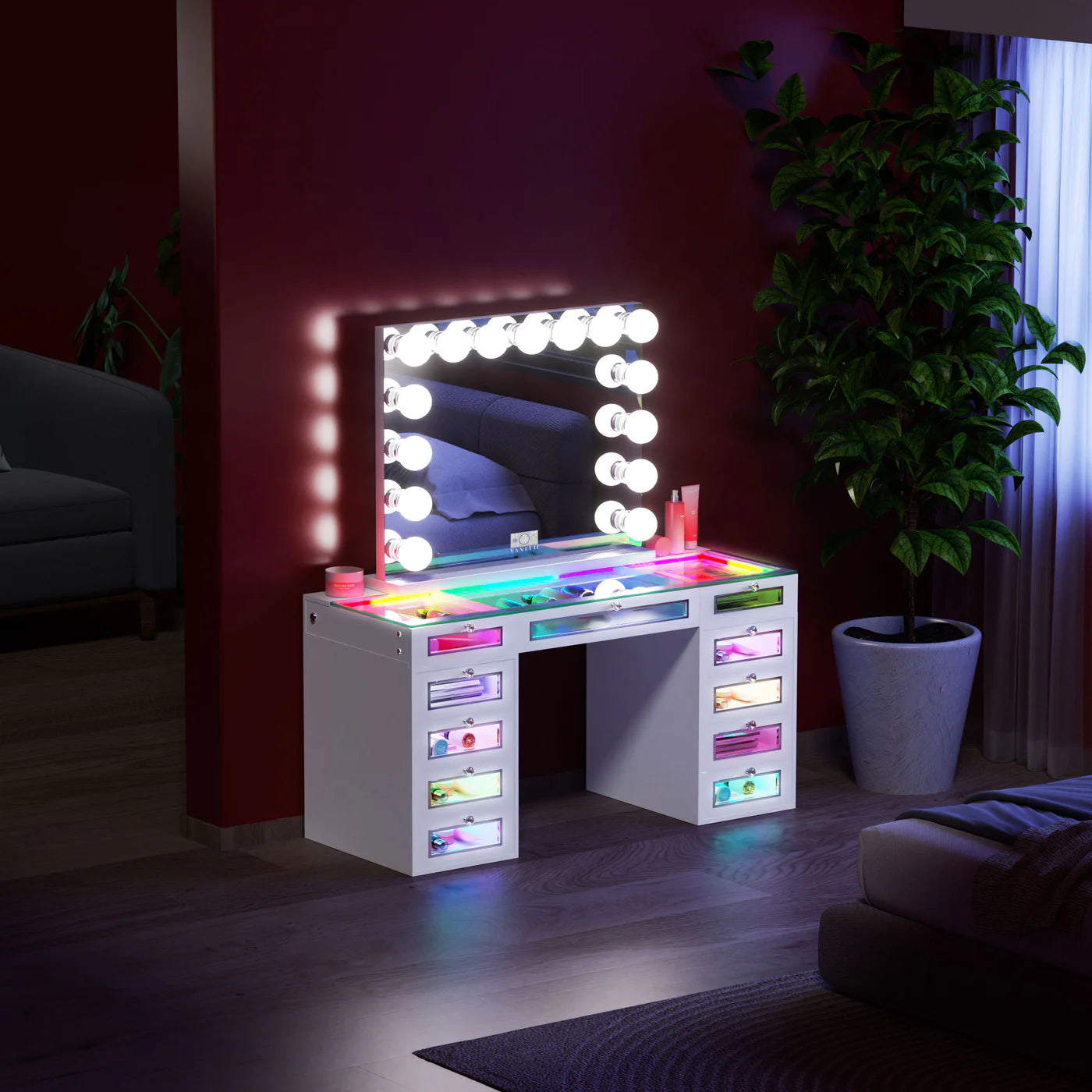 VanitiSet Vivid | RGB LED Vanity Desk with 11 Drawers, Glass Top