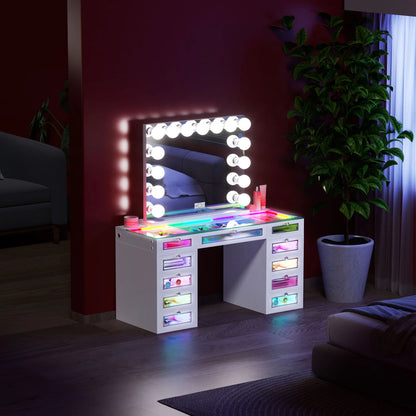 VanitiSet Vivid | RGB LED Vanity Desk with 11 Drawers, Glass Top