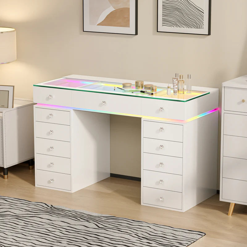 VanitiBar Polly | 51" White Glass Top Vanity Desk with 13 Drawers, RGB Lights & Charging Ports
