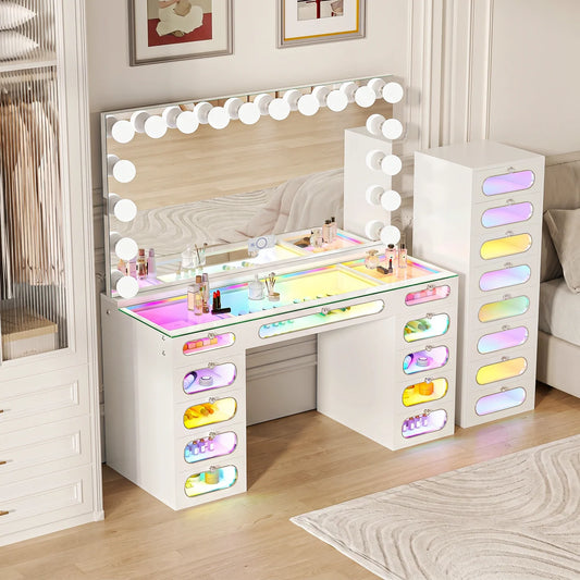 VanitiSet Aura Circle Spectrum | 11 Drawer Desk & 18 Bulb XXL Mirror Set