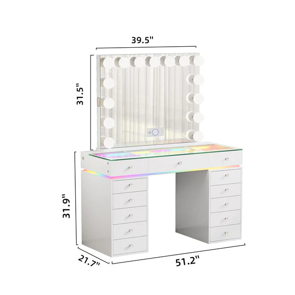 VanitiSet Polly | Hollywood Glass Top Vanity Set With 13 Drawers, RGB Lights & USB-C Charging