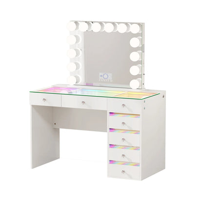 VanitiSet Solara 7 | 7 Drawer Desk & 14 Bulb Bluetooth Mirror Set