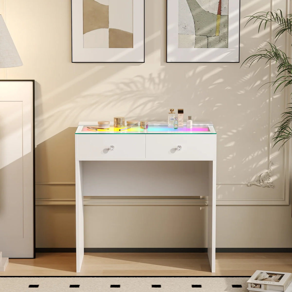VanitiBar Mira | 2 Drawer Glass Top Desk with RGB Lights