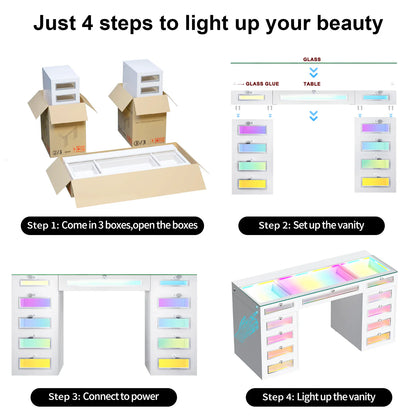 VanitiSet Vivid | RGB LED Vanity Desk with 11 Drawers, Glass Top