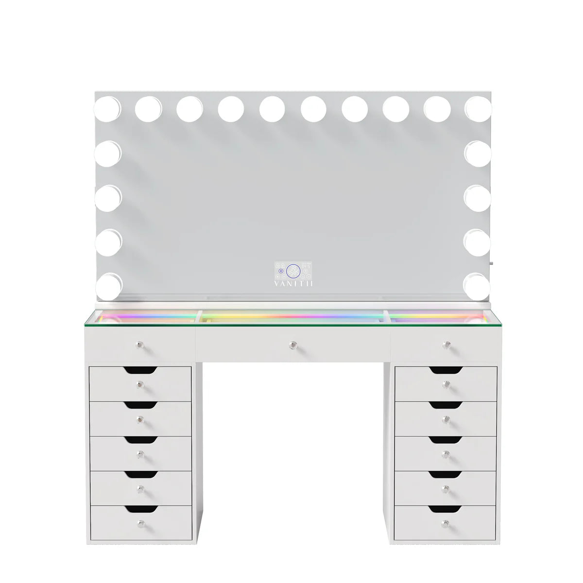 VanitiSet Lumina | Hollywood Vanity Desk with LED Mirror 59", RGB Glass Top, 13 Drawer