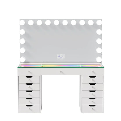 VanitiSet Lumina | Hollywood Vanity Desk with LED Mirror 59", RGB Glass Top, 13 Drawer