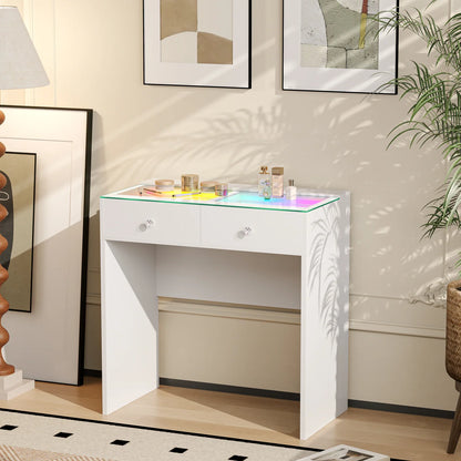 VanitiBar Mira | 2 Drawer Glass Top Desk with RGB Lights