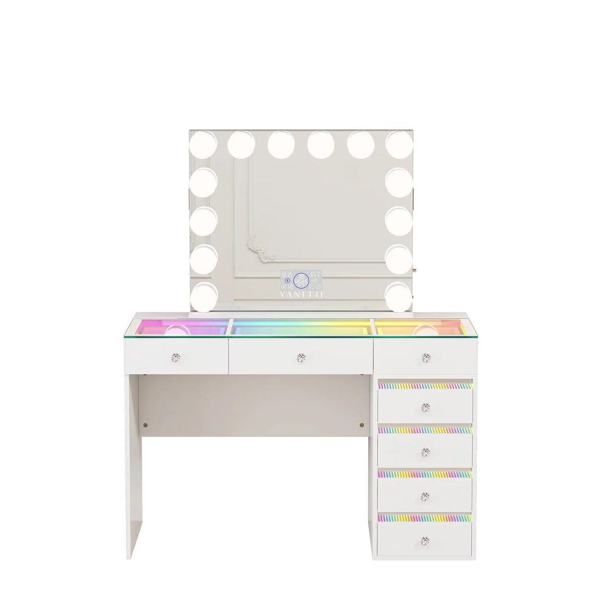 VanitiSet Solara 7 | 7 Drawer Desk & 14 Bulb Bluetooth Mirror Set
