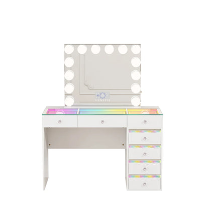 VanitiSet Solara 7 | 7 Drawer Desk & 14 Bulb Bluetooth Mirror Set