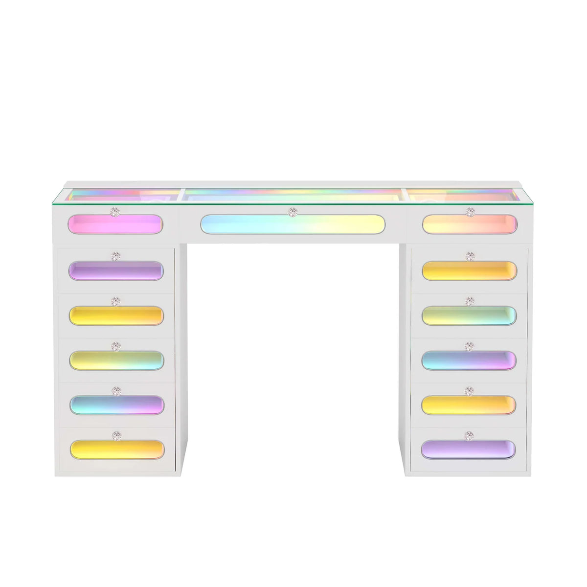 VanitiBar Astra | 13 Drawer Desk with Lighted Glass-Front Drawers & RGB