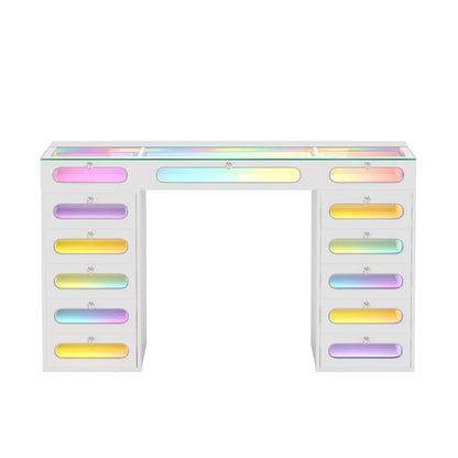 VanitiBar Astra | 13 Drawer Desk with Lighted Glass-Front Drawers & RGB