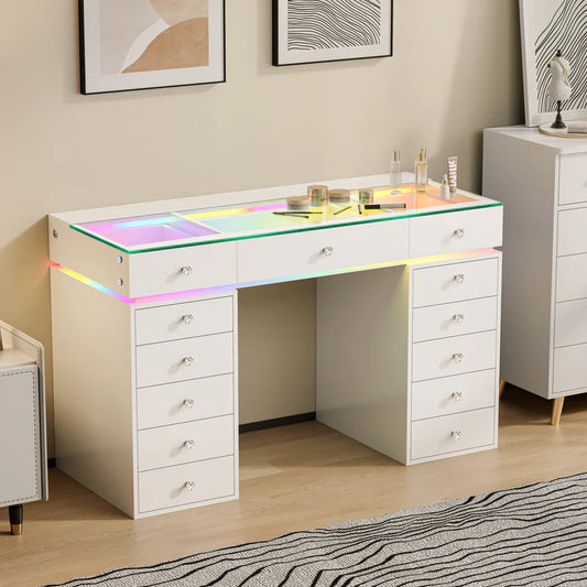 VanitiBar Polly | 51" White Glass Top Vanity Desk with 13 Drawers, RGB Lights & Charging Ports