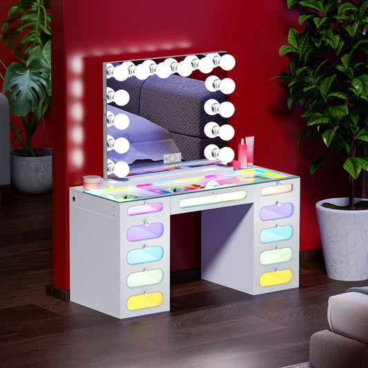 VanitiSet Vivid – RGB LED Vanity Desk with 11 Drawers, Glass Top