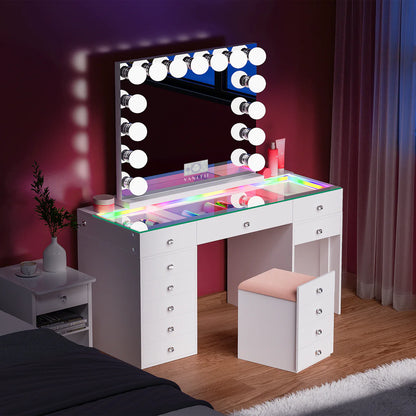VanitiSet Merge | Vanity Desk with Hidden Stool, 12 Drawers & LED Mirror