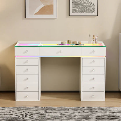 VanitiBar Polly | 51" White Glass Top Vanity Desk with 13 Drawers, RGB Lights & Charging Ports