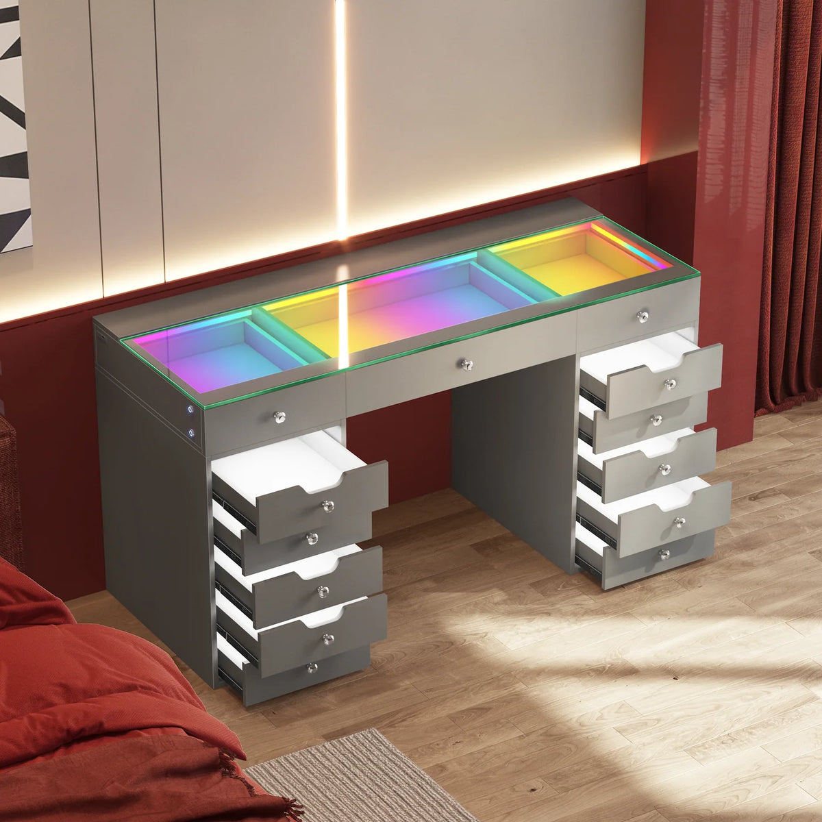 VanitiBar Pro Gleam | 13 Drawer Desk with Lighted Drawers & RGB Lights