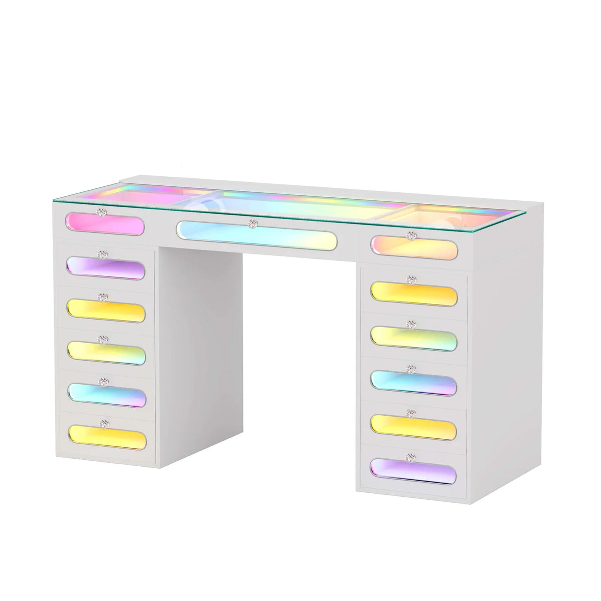 VanitiBar Astra | 13 Drawer Desk with Lighted Glass-Front Drawers & RGB