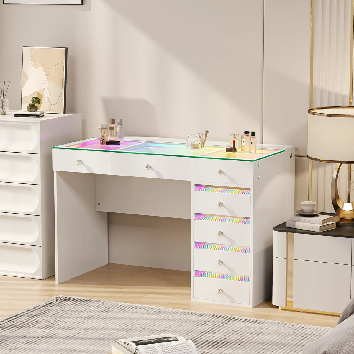 VanitiBar Solara 7 | 7 Drawer Makeup Vanity with RGB Lights, USB & Type-C Ports