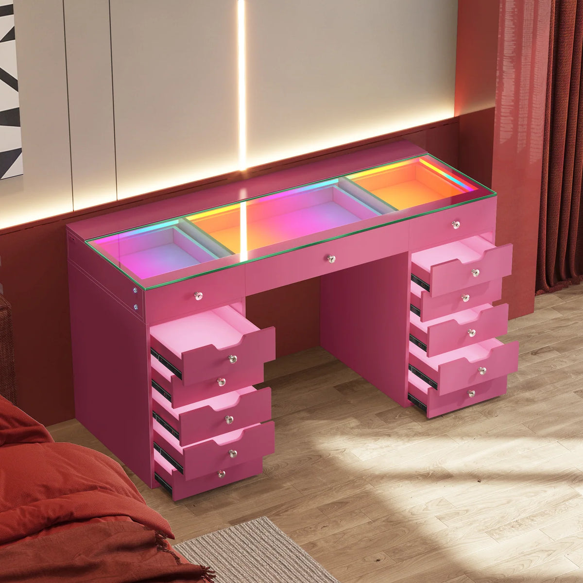 VanitiBar Pro Gleam | 13 Drawer Desk with Lighted Drawers & RGB Lights