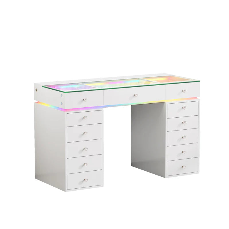 VanitiBar Polly | 51" White Glass Top Vanity Desk with 13 Drawers, RGB Lights & Charging Ports