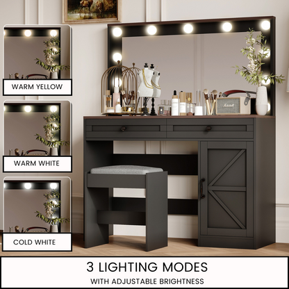 Black Makeup Vanity Table with LED Mirror, Storage, and Stool - LP Replenish