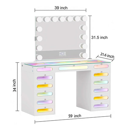VanitiSet Astra | Vanity with Rainbow Lights, 13 Drawer Desk & 15 Bulb Bluetooth Mirror