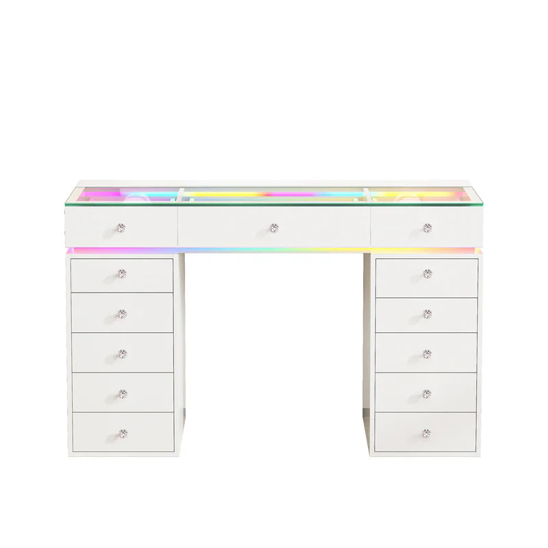 VanitiBar Polly | 51" White Glass Top Vanity Desk with 13 Drawers, RGB Lights & Charging Ports