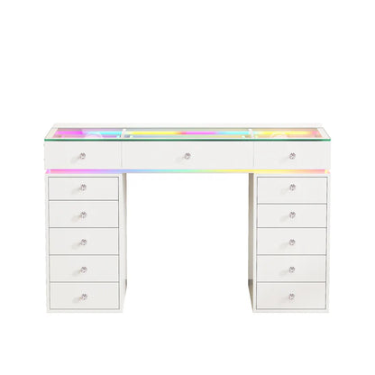 VanitiBar Polly | 51" White Glass Top Vanity Desk with 13 Drawers, RGB Lights & Charging Ports