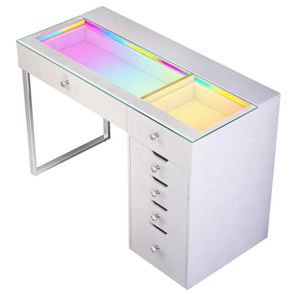 VanitiBar Halo | Glass Top Vanity Desk, Diamond Knobs & Storage