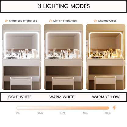 Vanity Table with LED Mirror, Adjustable Lighting, Storage, and Stool - LP Replenish