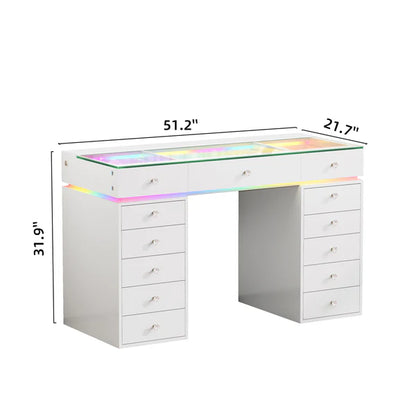 VanitiBar Polly | 51" White Glass Top Vanity Desk with 13 Drawers, RGB Lights & Charging Ports