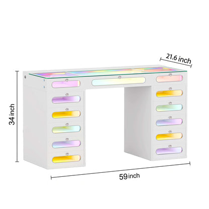 VanitiBar Astra | 13 Drawer Desk with Lighted Glass-Front Drawers & RGB