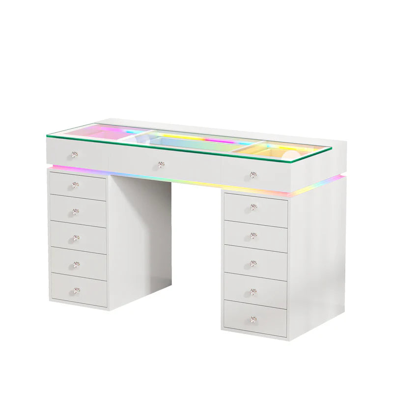 VanitiBar Polly | 51" White Glass Top Vanity Desk with 13 Drawers, RGB Lights & Charging Ports