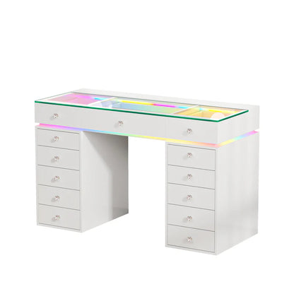 VanitiBar Polly | 51" White Glass Top Vanity Desk with 13 Drawers, RGB Lights & Charging Ports