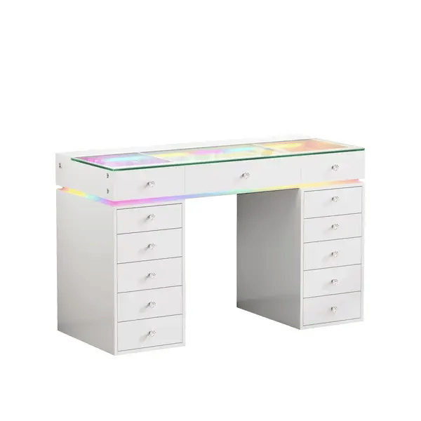 VanitiBar Polly | 51" White Glass Top Vanity Desk with 13 Drawers, RGB Lights & Charging Ports