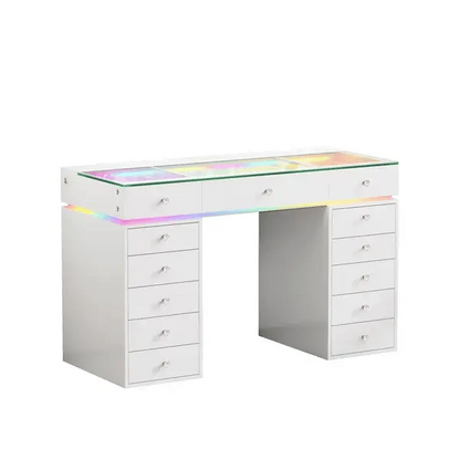 VanitiBar Polly | 51" White Glass Top Vanity Desk with 13 Drawers, RGB Lights & Charging Ports